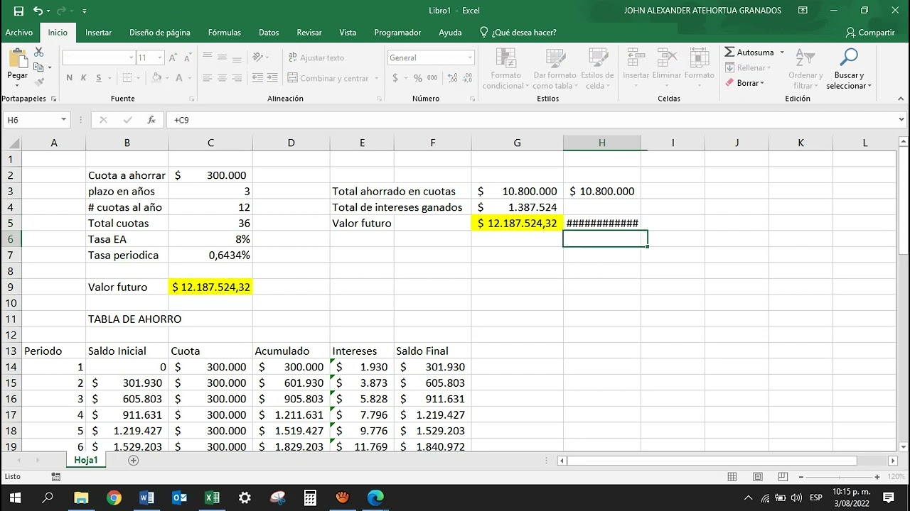 tablas de ahorro en Excel