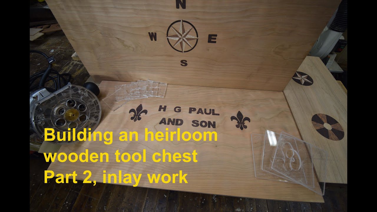 Building an heirloom wooden tool chest, Part 2, routing in rosewood letters and designs.
