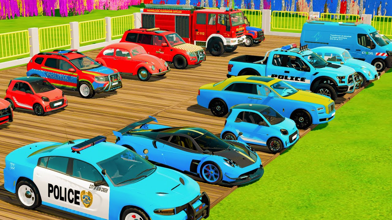 TRANSPORTING CARS, AMBULANCE, POLICE CARS, FIRE TRUCK OF COLORS! WITH TRUCKS! - FARMING SIMULATOR 22