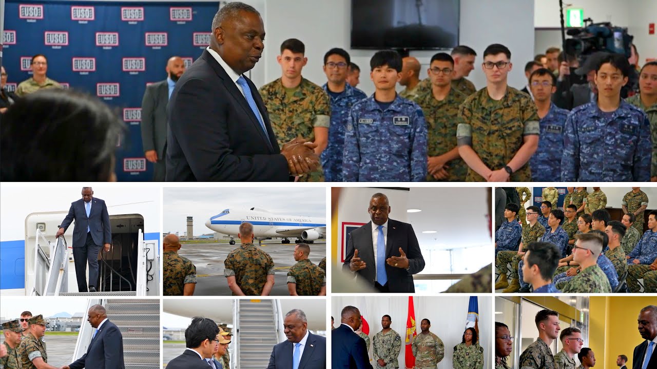 US Defense Secretary Lloyd J. Austin III meets with Japanese and American troops