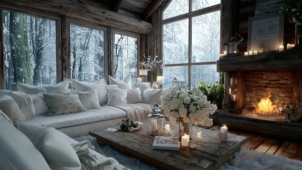 Calm Snowy Balcony Scene With Soft Piano And Fireplace Glow For Nighttime Rest