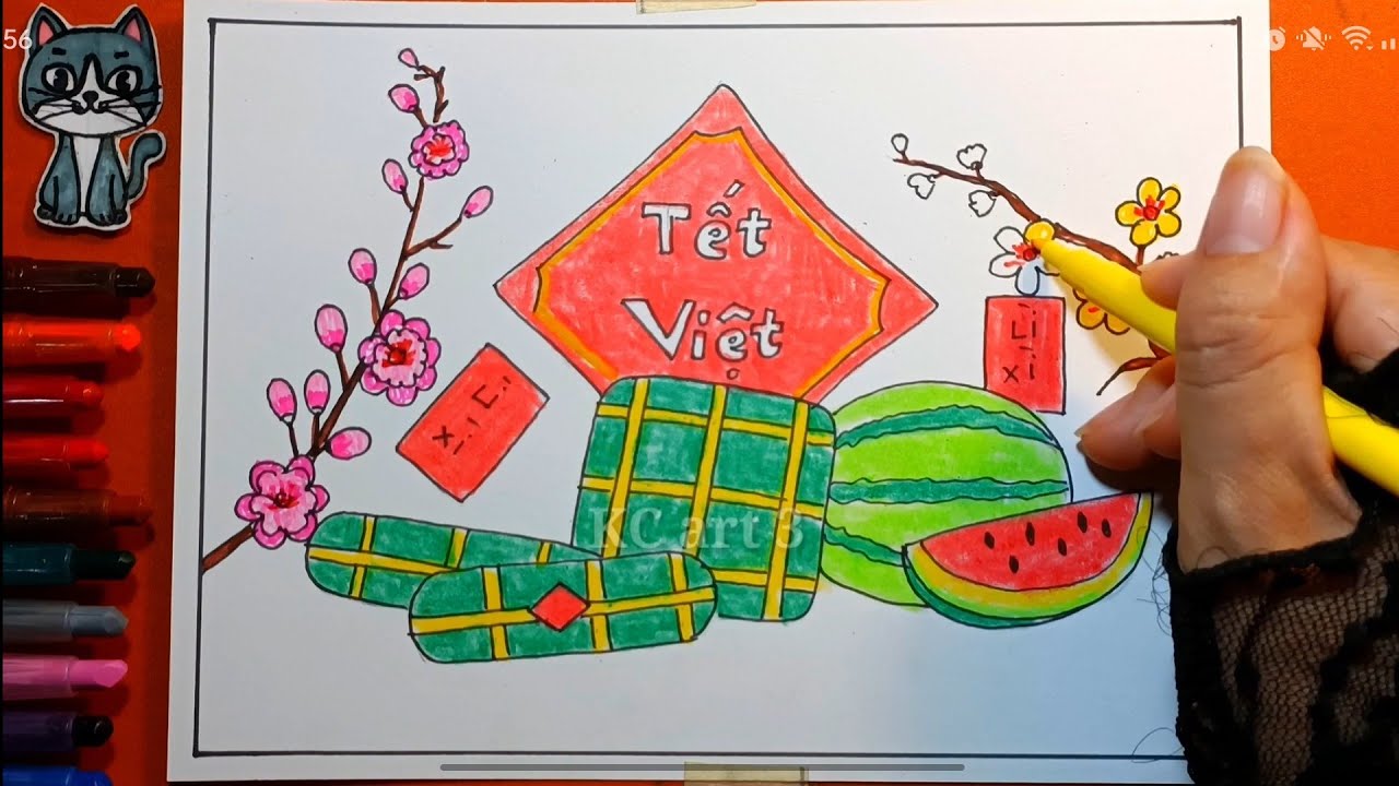 Vẽ lễ hội xuân tết quê hương - vẽ theo hình thức ước lệ | vẽ yếu tố dân tộc | Vẽ mâm quả ngày tết