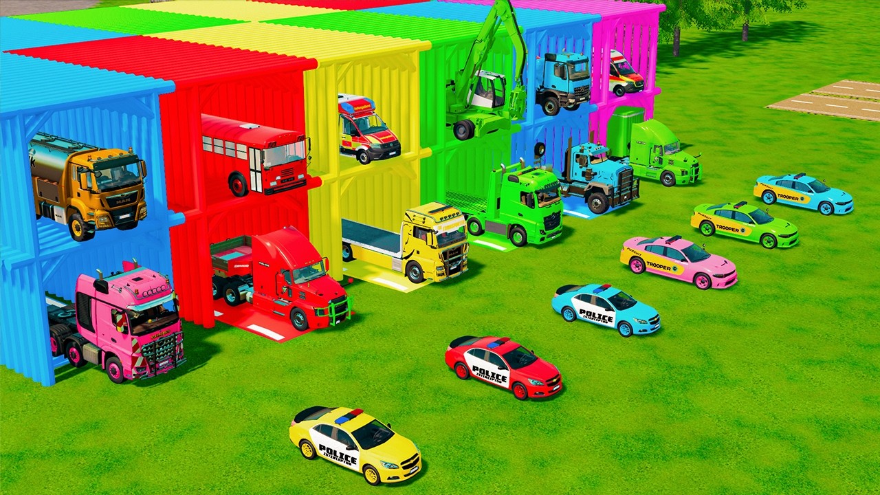 TRANSPORTING AMBULANCE, EXCAVATOR, POLICE CARS, MILK TANK TRUCK, FIRE RESCUE TO GARAGE - FS22