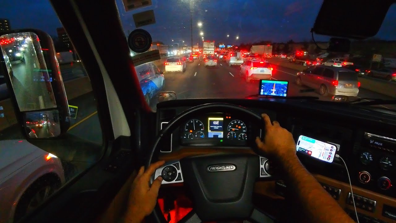 EVENING TO NIGHT IN A TRUCK | Faceless Trucker DRIVES TO MONTREAL | 4K NIGHT DRIVING POV |