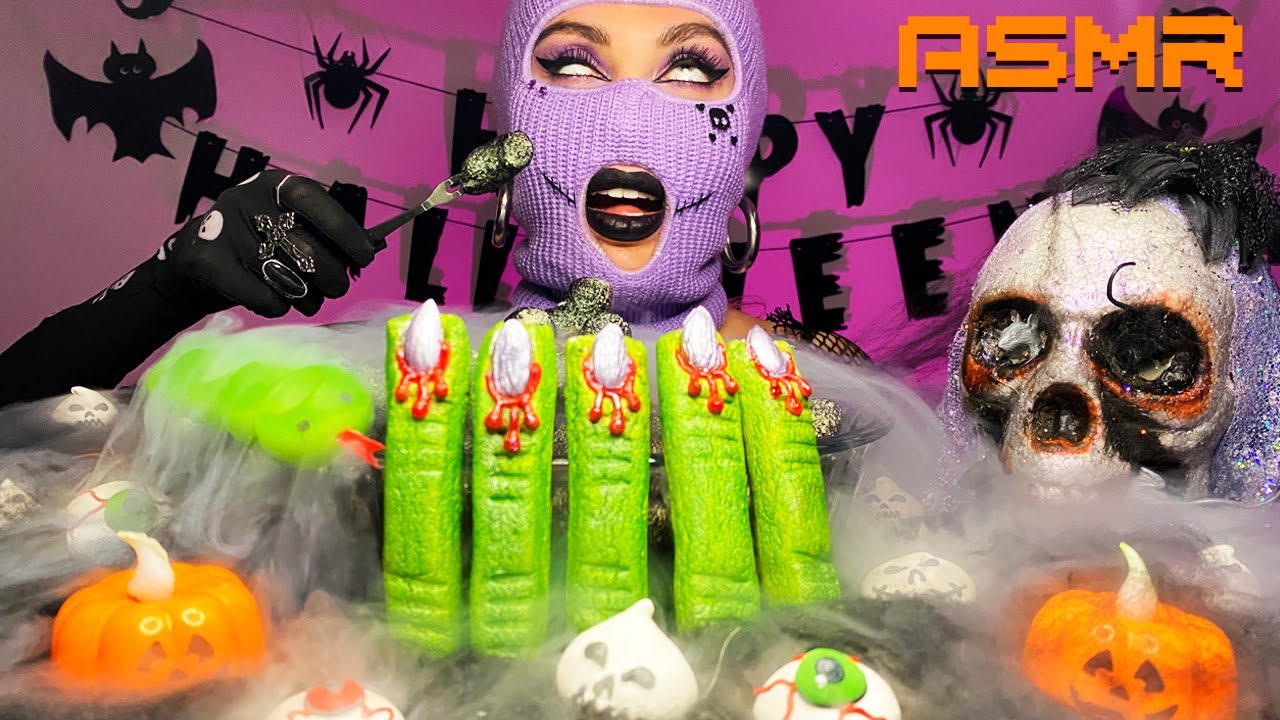 ASMR Dragon's Breath Cocoons Eating, Witch Finger Cookies, Liquid Nitrogen Mukbang Halloween 먹방 🕷️