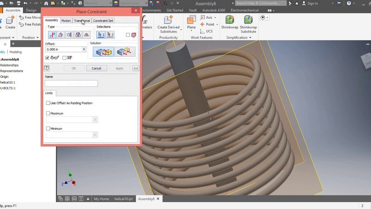 How to add u-bolt across a curved surface or helical coil in inventor for coil supports