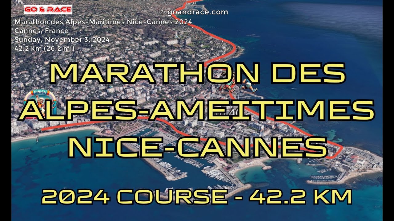 Marathon des Alpes-Maritimes Nice-Cannes 2024: fly over the marathon course! Video of the race path.