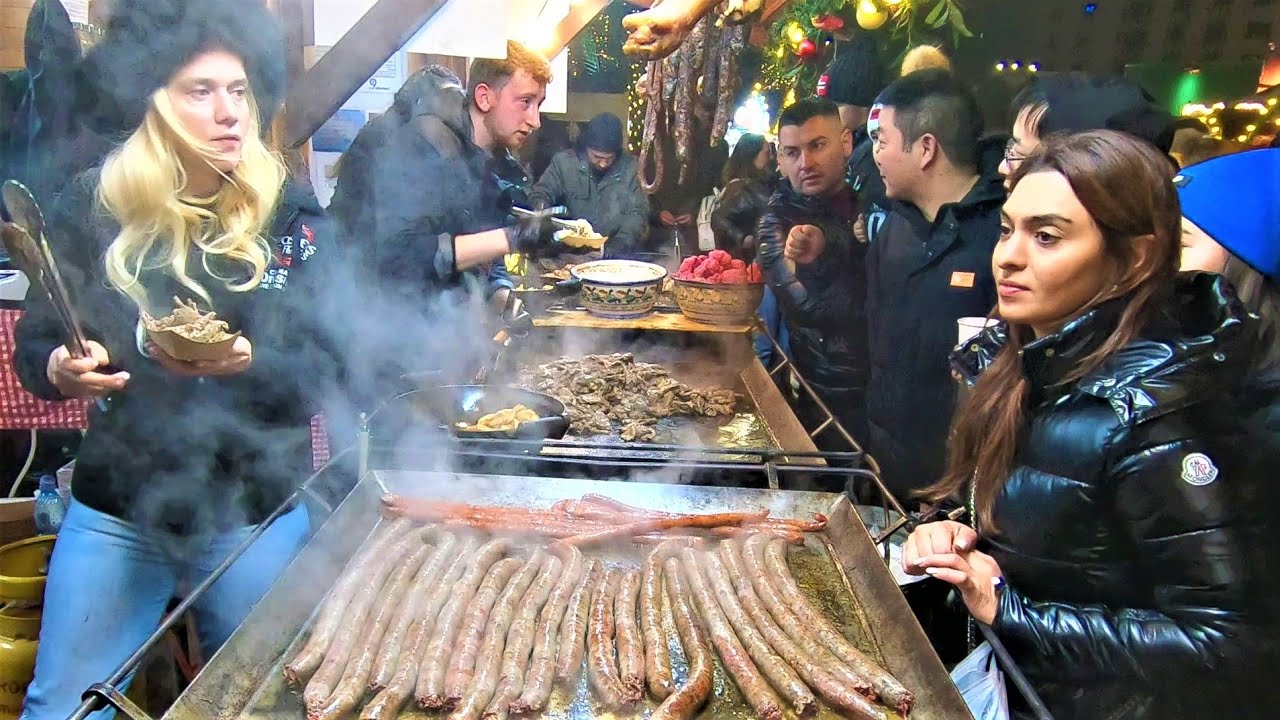 Street Food in Bucharest, Romania. Giant Sausages, Grilled Meat of Veal, Pork and Sheep