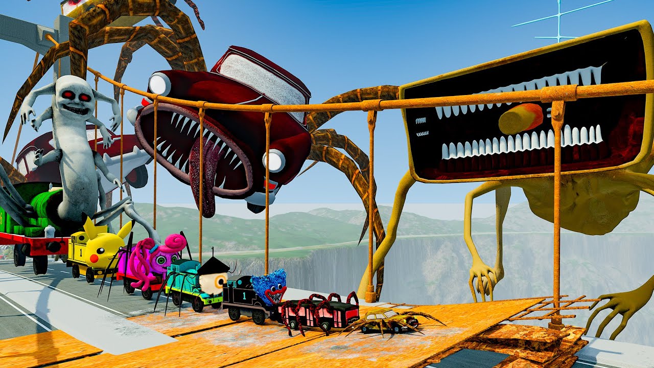 ALL MONSTERS Big & Small Cars vs Broken Bridge with CAR EATER & MEGAHORN | BeamNG.Drive