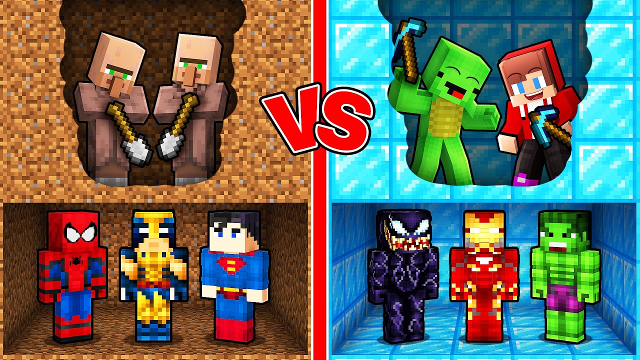 Mikey & JJ vs Villagers Superhero Mine Battle in Minecraft (Maizen)