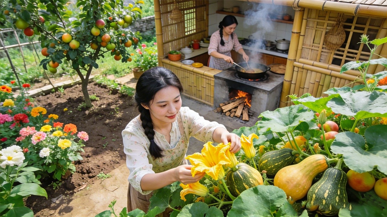 Calm Farm Life: Harvesting yellow pumpkin flowers and cooking braised pork belly in a clay pot