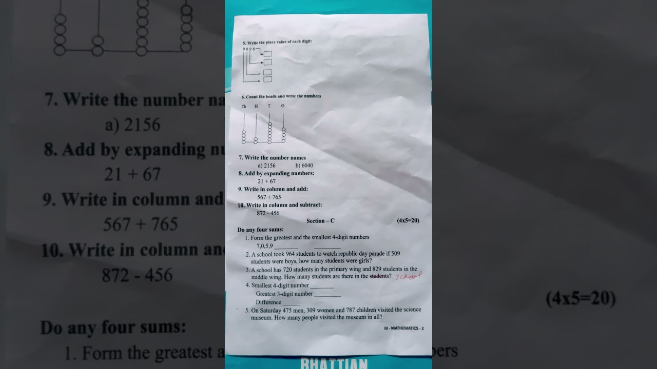 ICSE | class -3|MATHS| Questions paper|First Term Exam |#viralvideo#questionpaper#mathematics#3d#exm