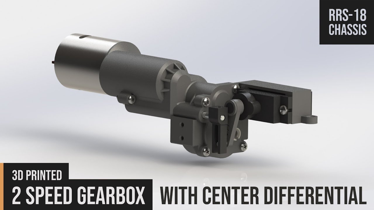2-speed Gearbox with Center Differential 3D Printed for 1/18th Scale RC Models.