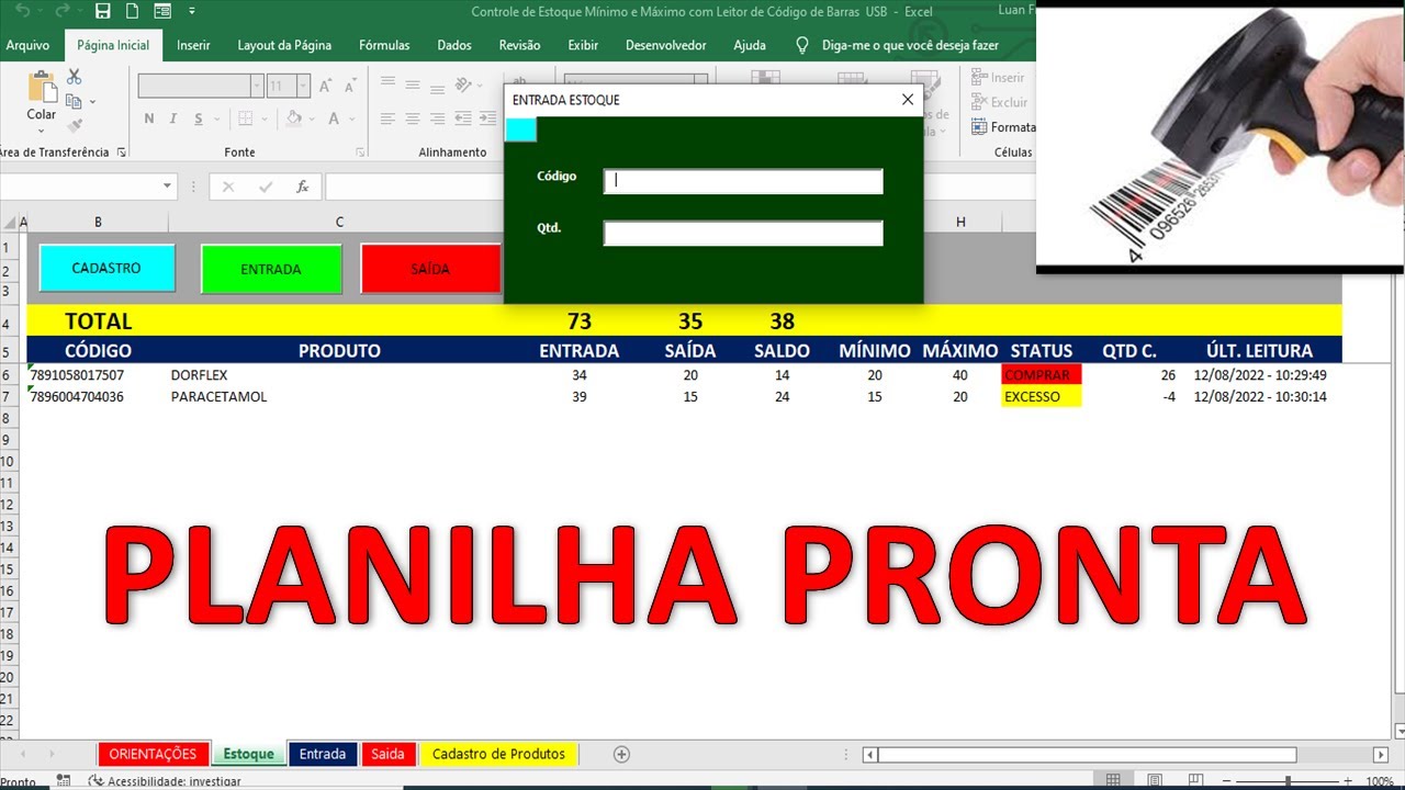 Planilha de Controle de ESTOQUE MÍNIMO e MÁXIMO via Leitor de Código de Barras USB