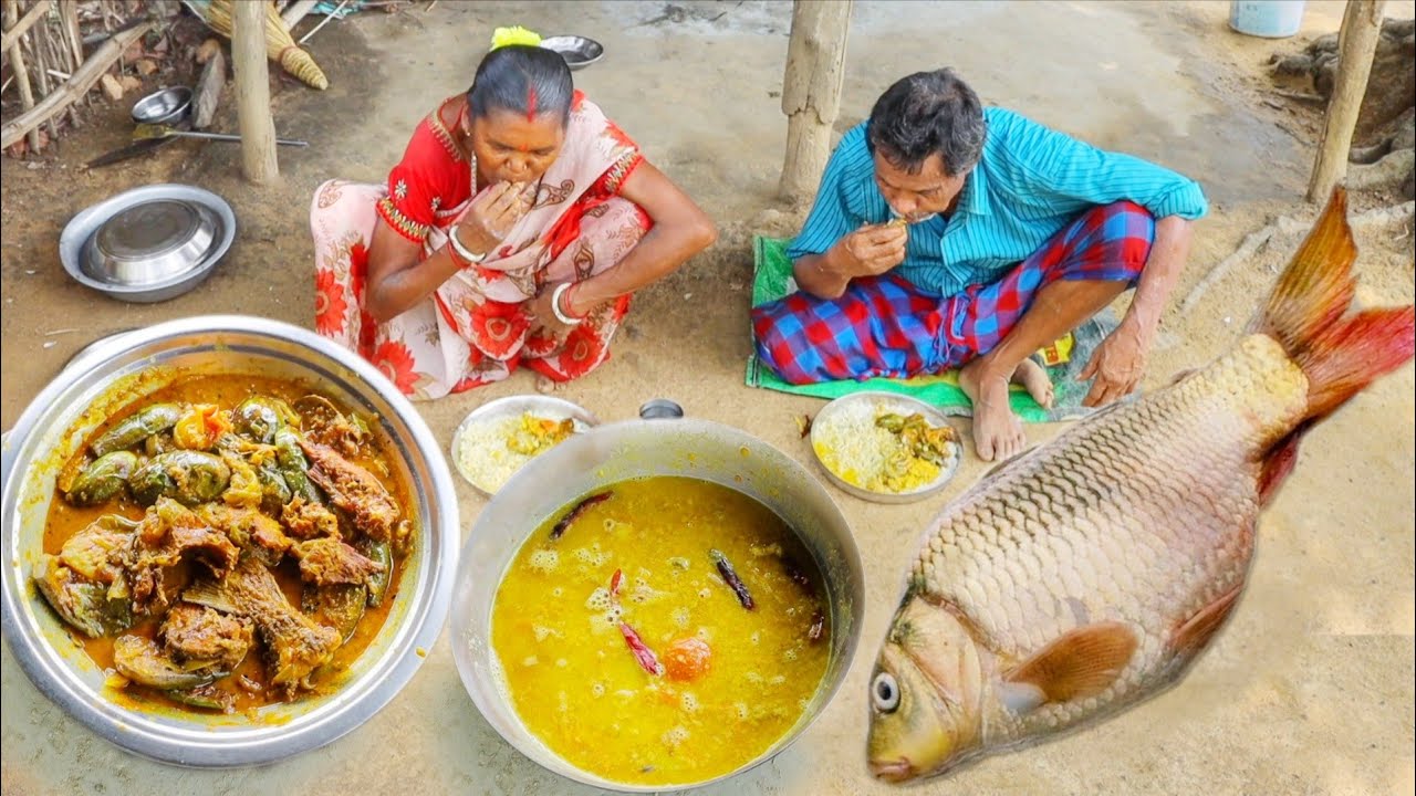 AMERICAN ROHU FISH CURRY AND DAL cooking & eating by santali tribe old couple