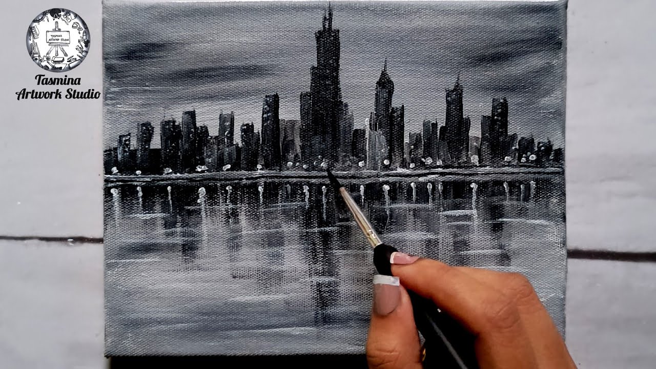 Cityscape painting || Black and white abstract acrylic painting (for beginners)