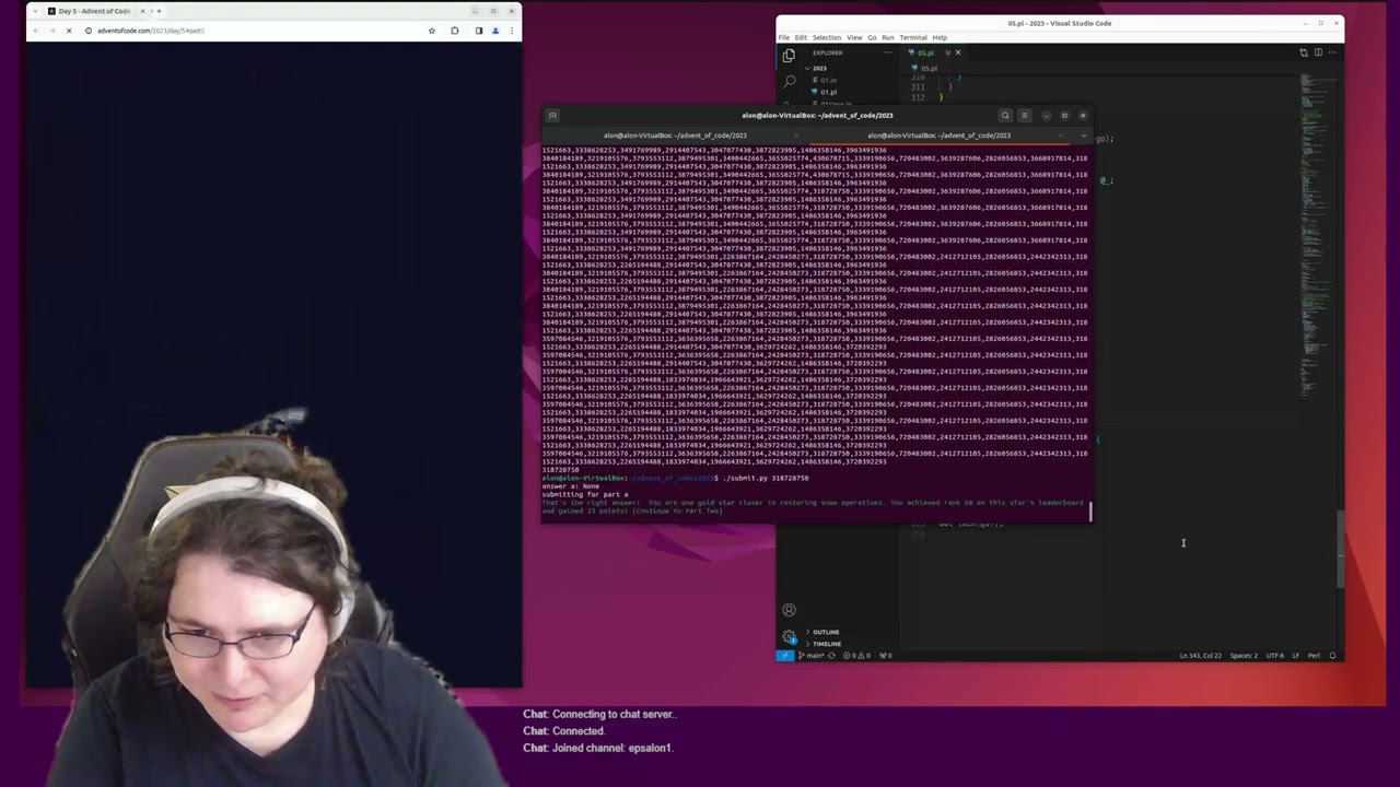 Advent Of Code 2023 day 5 live solve (perl5) *LEADERBOARD*