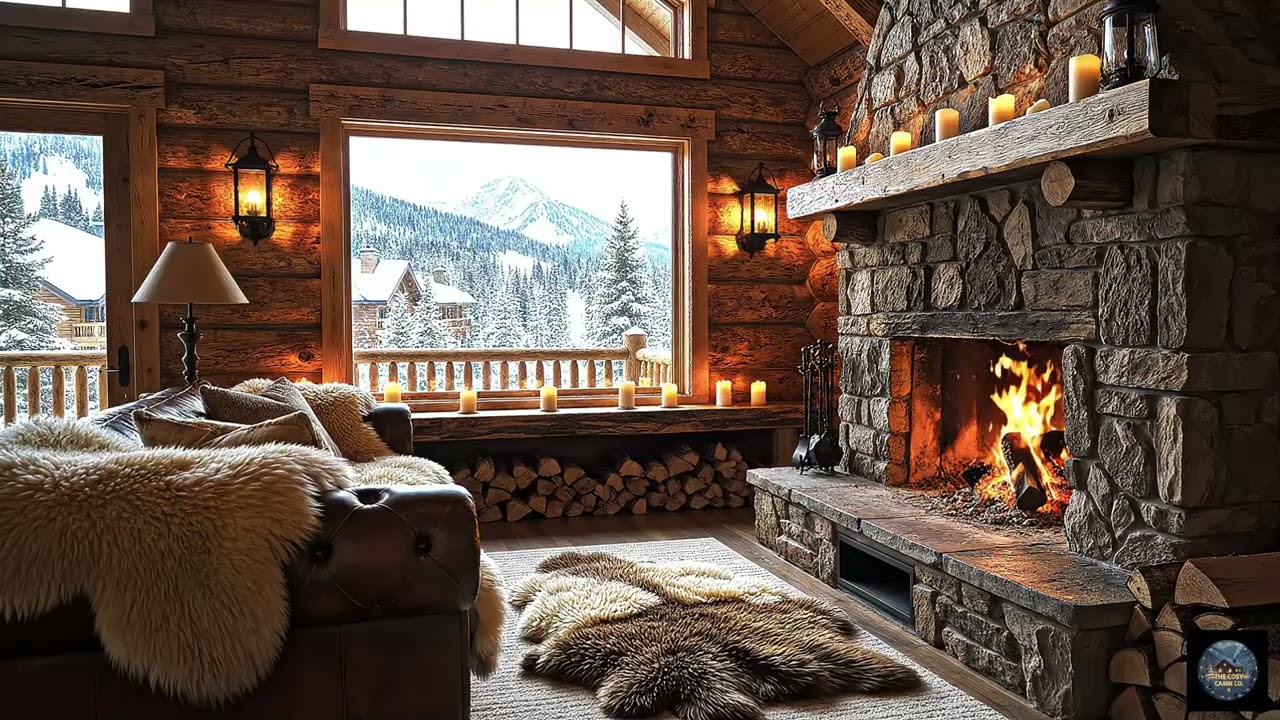 Cosy Cabin Ambience ❄️ Crackling Fireplace & Snowy Mountain Views | Warm Winter Retreat