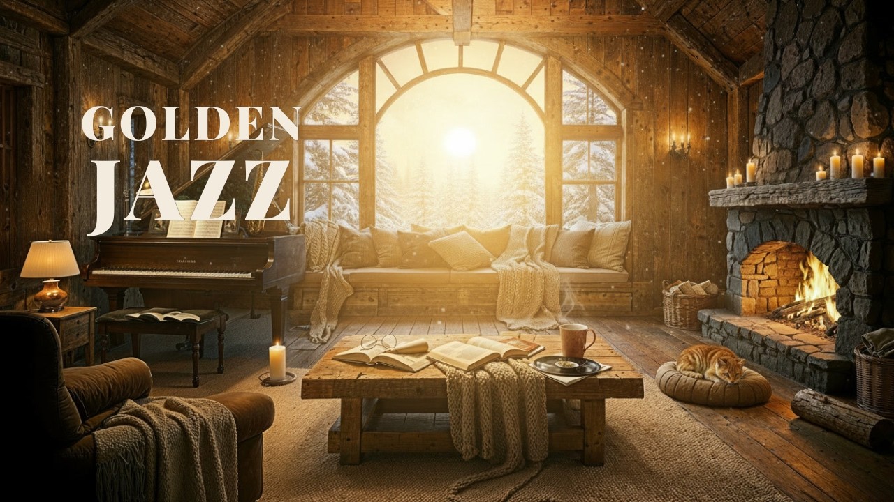 Golden Winter Morning Jazz ☀️ Cozy Cabin Fireplace Ambience