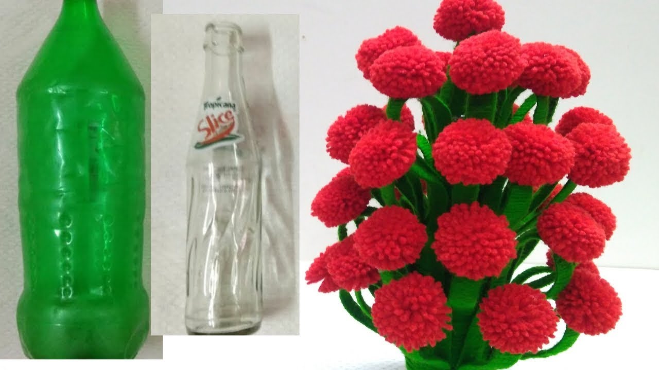 Make Woolen Flower Pot | Woolen Craft || How to Make Yarn Flowers || Vase Of Plastic Bottle.