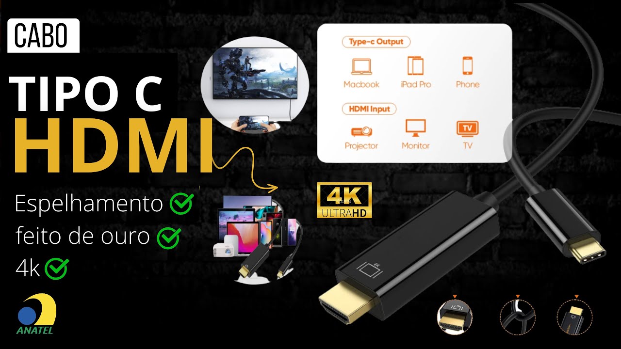 Cabo Tipo C Macho Para Hdmi de ouro Macho Usb 1.8m 4k