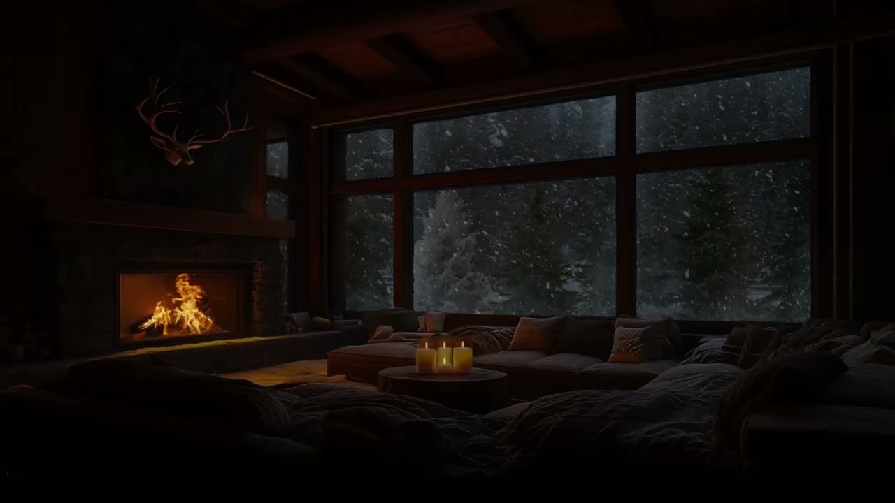 Quiet Winter Cabin at Night ❄ Soft Falling Snow and Cozy Fireplace Sounds for Relaxation