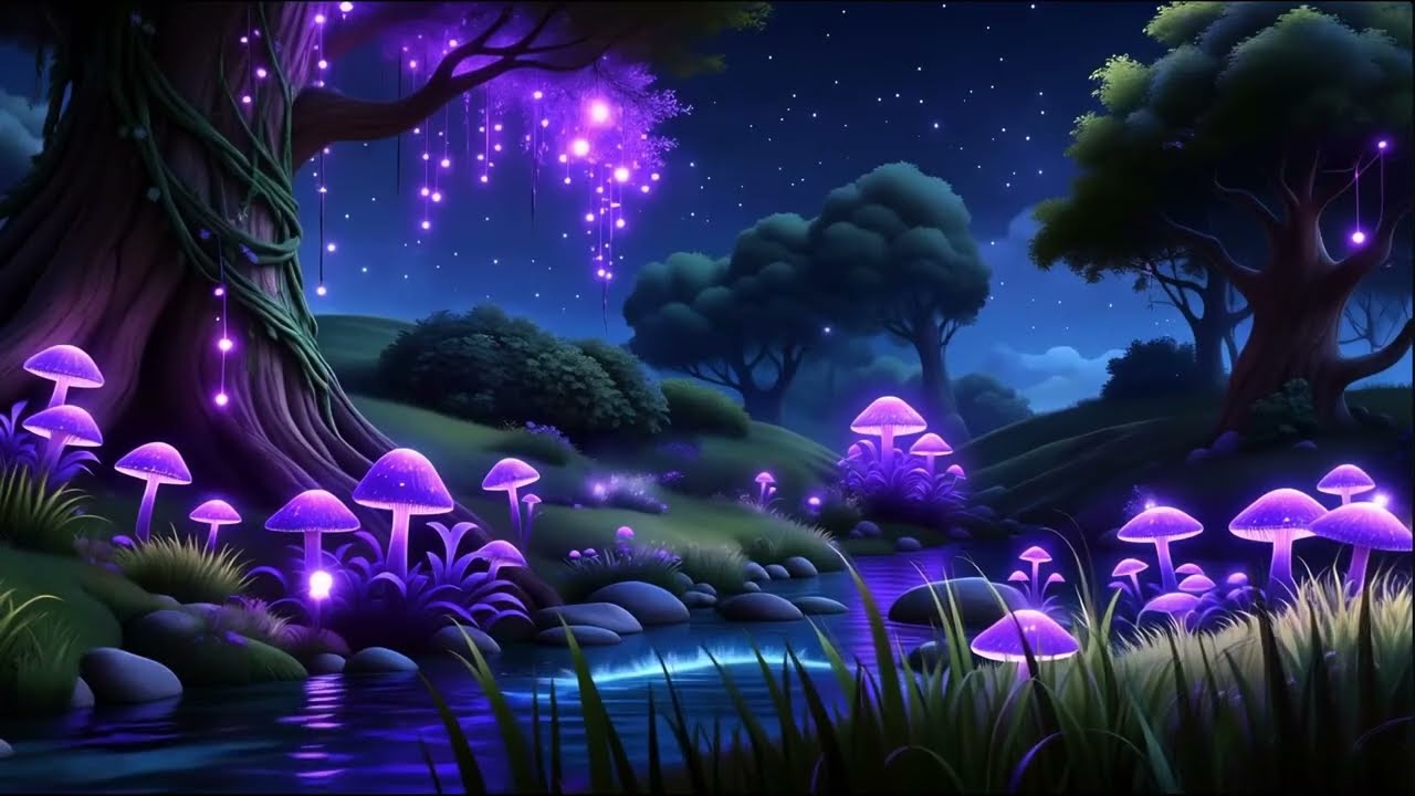 Night Glowing Mushroom River 🌙🍄 Relaxing Water Sounds in a Magical Fantasy Forest