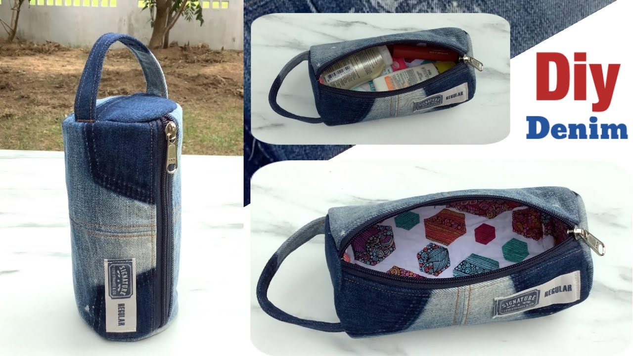 sewing diy a denim cosmetic bag , pencil case from scrap old jeans , diy jeans bag tutorial,recycle.