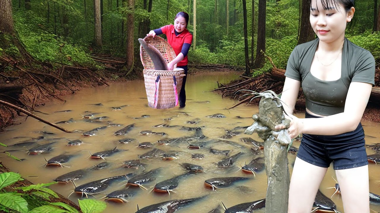 The Girl Fishing in the Wild  Trapping Fish & Catching Many Giant Fish