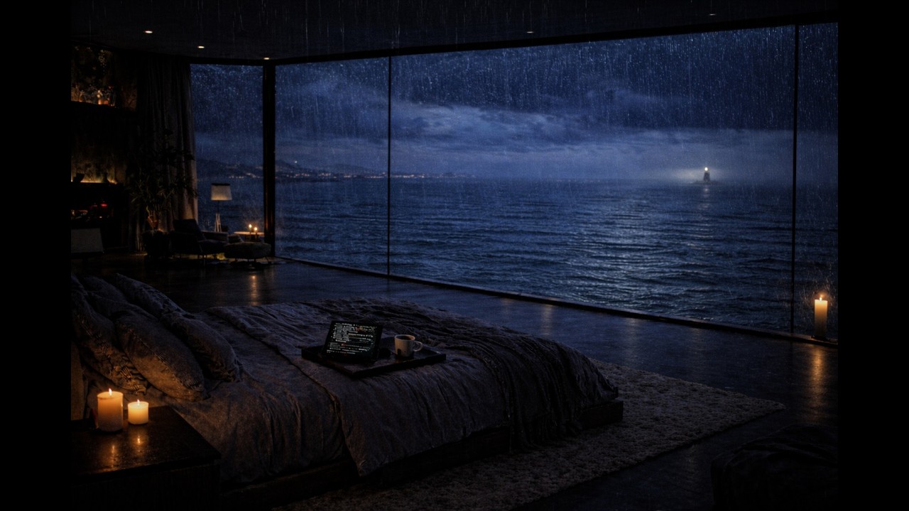 Luxury Ocean Bedroom in a Storm 🌧️ Rain & Lighthouse Ambience for Deep Sleep, Relaxation & Study