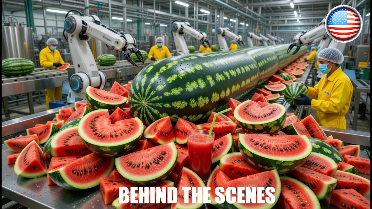 Inside a Contemporary Watermelon Factory: From Whole Fruits to Luscious Red Juice (Entire Process)