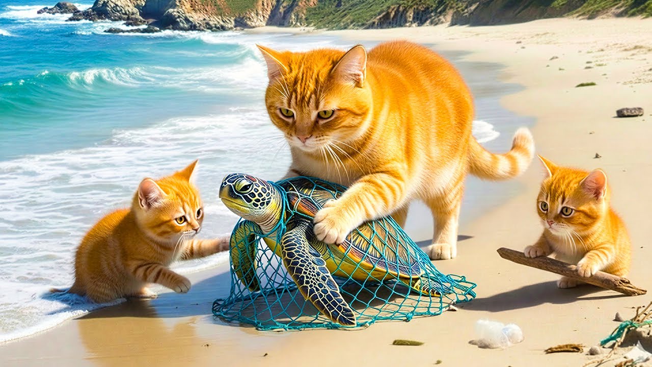 Mama Cat & Her Kitten Save a Turtle’s Life at Sea 🐢🙀🐱‍🏍