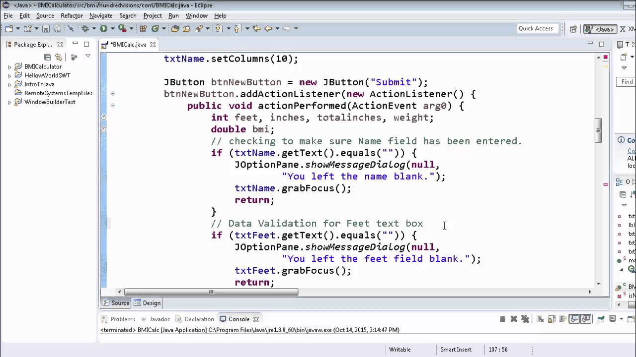 Java GUI BMI Calculator Data Validation Part 2