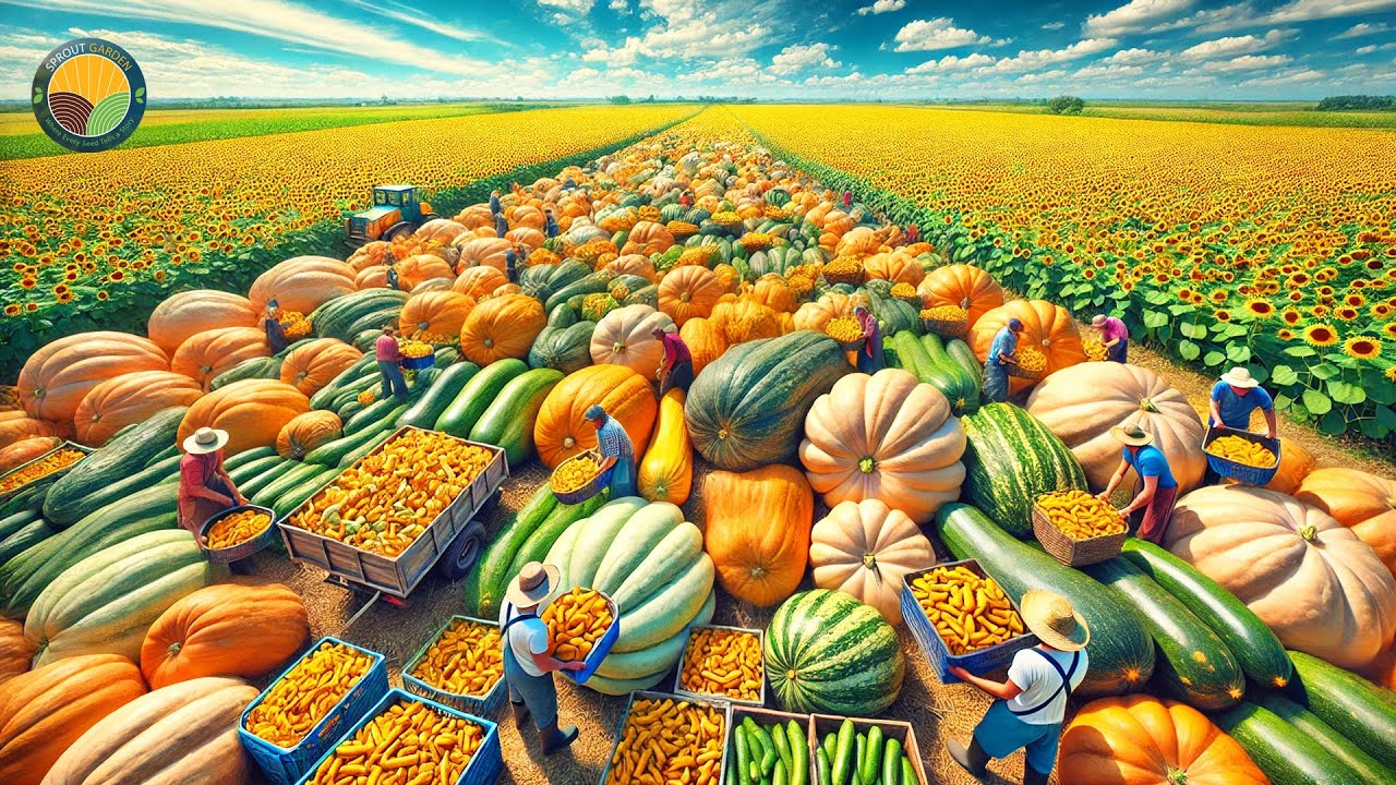 How Farmers Harvest Pumpkin, Squash, Sunflower by Machine: Processing Factory | Farming Documentary