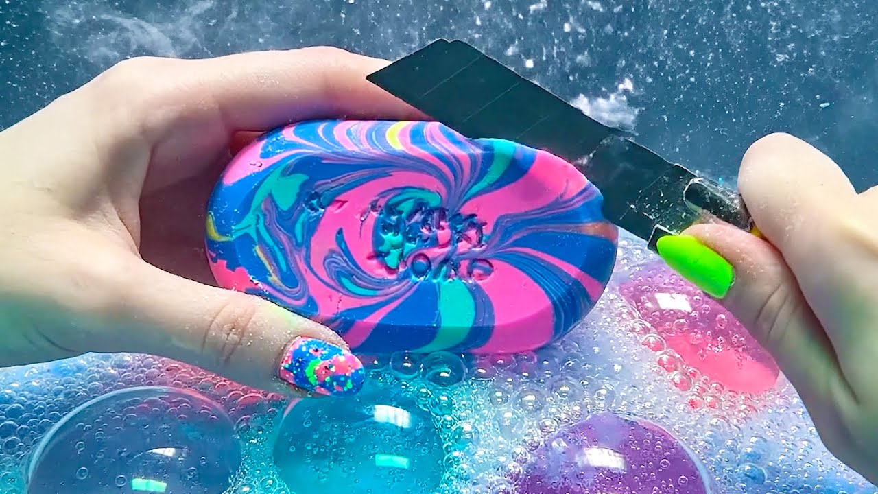 ASMR Soap Cutting Underwater (No Talking) — Bioluminescent Gel Bubbles | Deep Relaxation