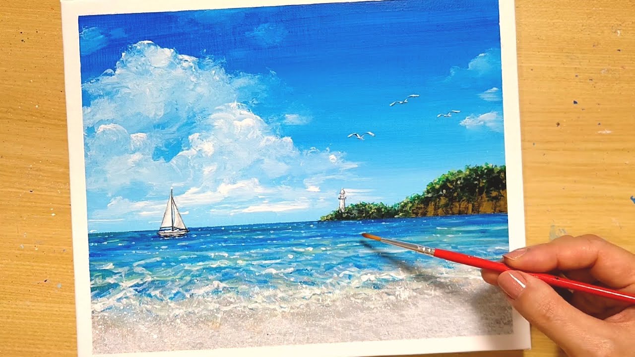アクリル絵の具で【夏の海の風景】を描く方法/初心者のための簡単なアクリル画/Step by step
