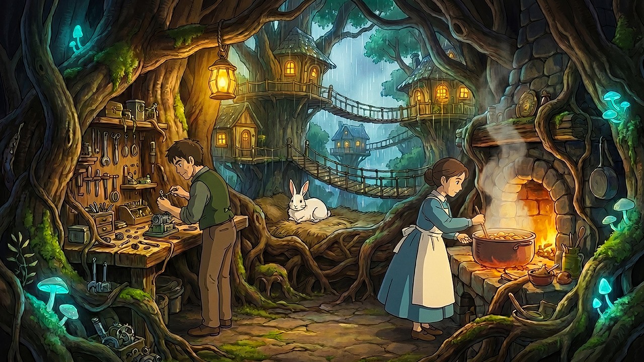 Hidden Tree Village: Workshop and Kitchen in a Giant Oak | Ghibli-Style ASMR