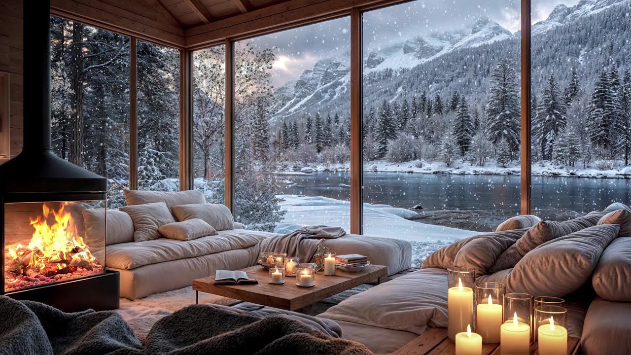 Cozy Cabin Ambience with Crackling Fire and Snowy Forest Views | Winter Relaxation Sounds ❄️🔥