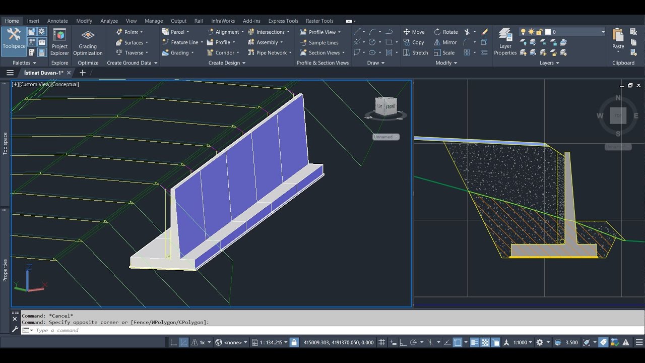 Autocad Civil 3D - Betonarme İstinat Duvarı (Dolguda) - Concrete Retaining Wall (Fill)