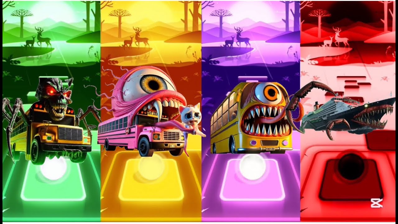 Tiles Hop-School Bus Head Eater and Ship Monster🆚SCHOOL BUS MONSTER 🆚Coffin Dance