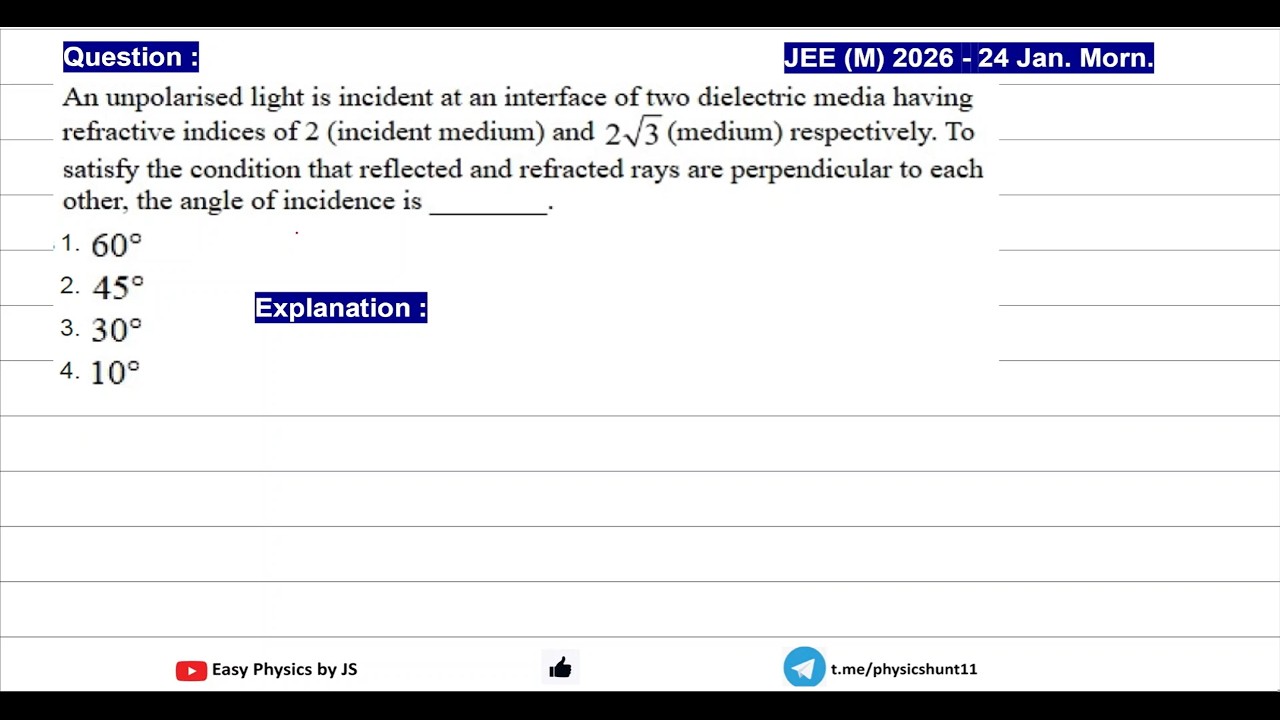 Angle of Incidence with Brewster’s Law | PYQ | JEE(M) 2026 (24 Jan Mor.)