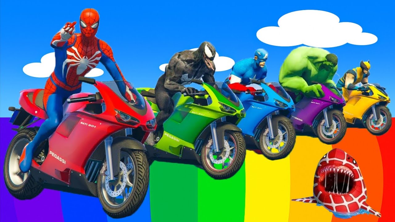 الأبطال الخارقين على القضبان دوامة قمع جسر 🎯🏍️ VERSICOLOR SPIDER MAN! on Motorcycle in Spiral Bri