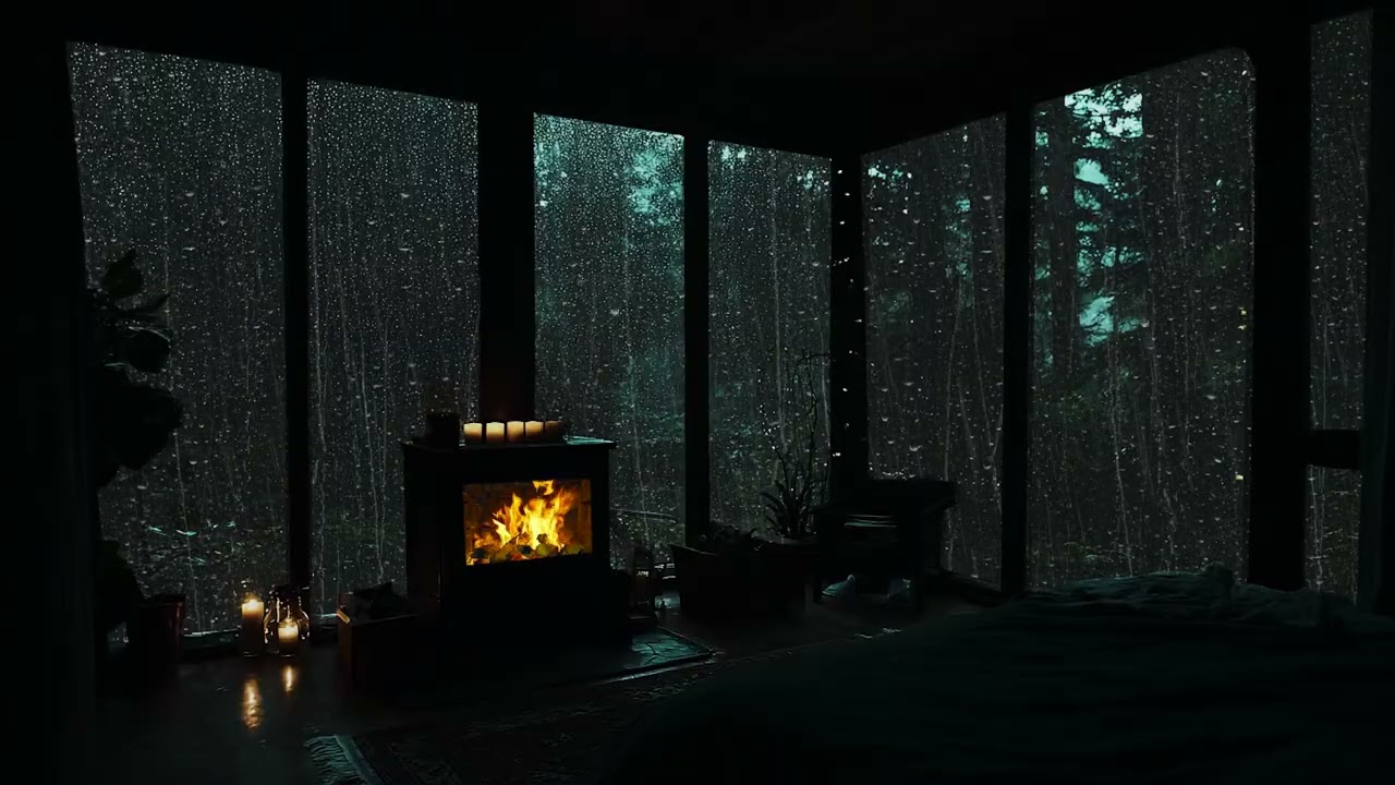 Rain Falling Outside the Forest Window & Wood Stove Fire 🔥 Candlelit Bedroom Night Ambience
