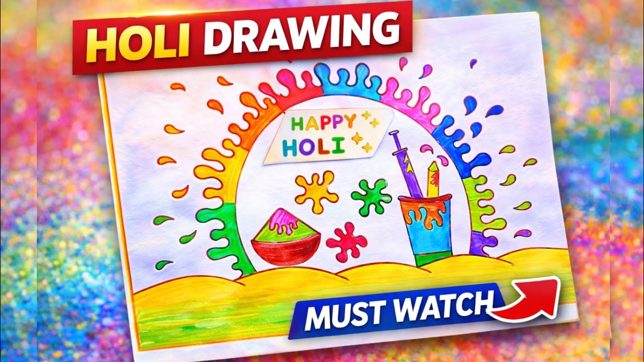 Easy Holi 🎉 Drawing Step by Step // Happy Holi Poster Making For Beginners 😉