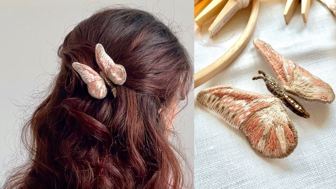 Embroidered Butterfly Hairpin - Stumpwork Embroidery Tutorial - How to make DIY 3D Hair Accessories