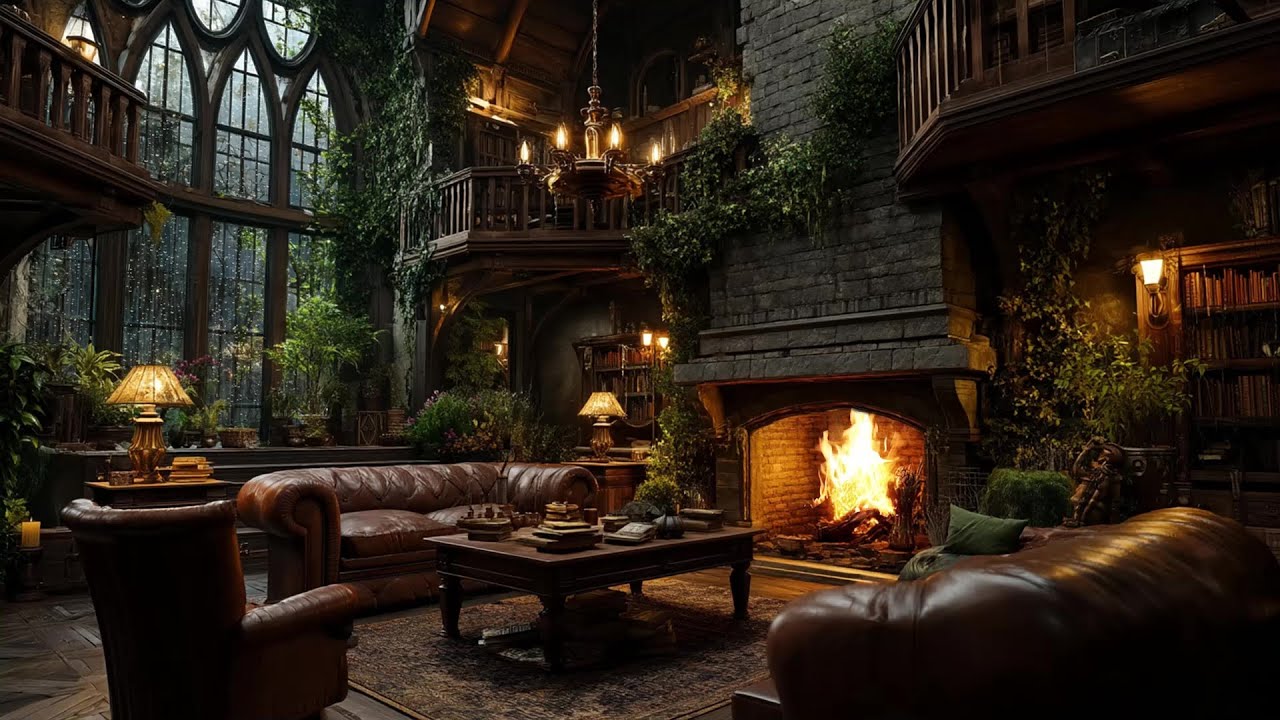 Heavy Rain Sounds outside And Crackling Fireplace in the Castle Room | Help You Sleep Better, Relax