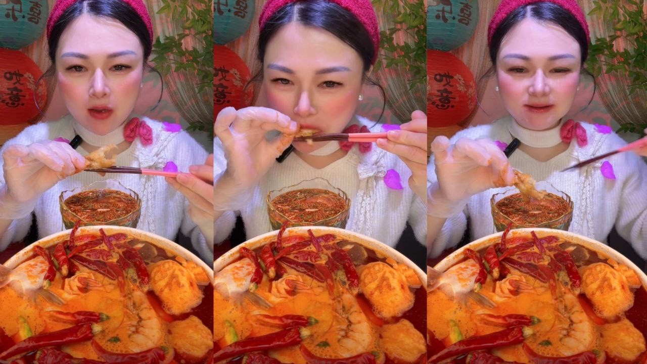 ASMR SPICY SEAFOOD MUKBANG: Giant Shrimp & Hot Chili Soup Eating Show