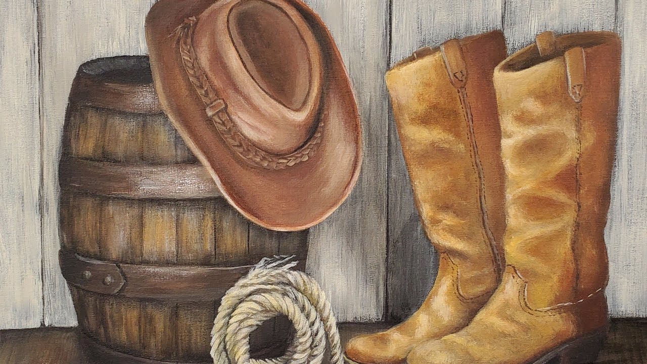 Cowboy Hat & Boots Rustic Still Life Acrylic Painting LIVE Tutorial