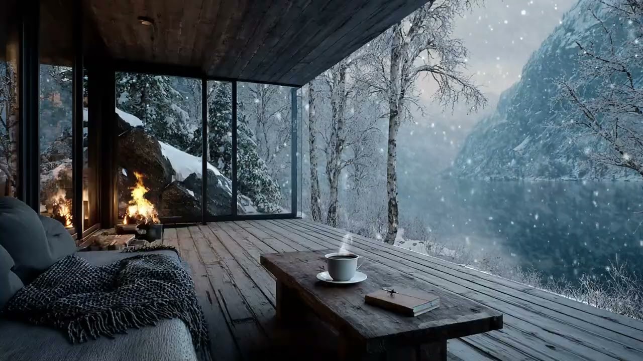 Norsk vinterpeis sett fra balkong med snø, vind og koselig ASMR for bedre søvn