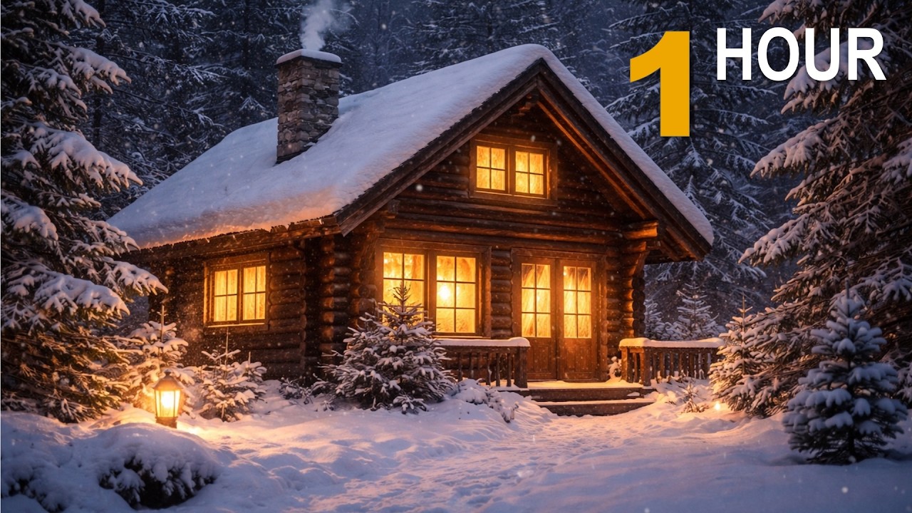 Snowy Cabin Night — Warm Window Lights & Peaceful Winter Ambience (1 Hour)